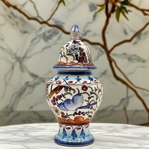 Berardos Portugal Majolica Ginger Jar Hand Painted Chinoiserie Floral Bird